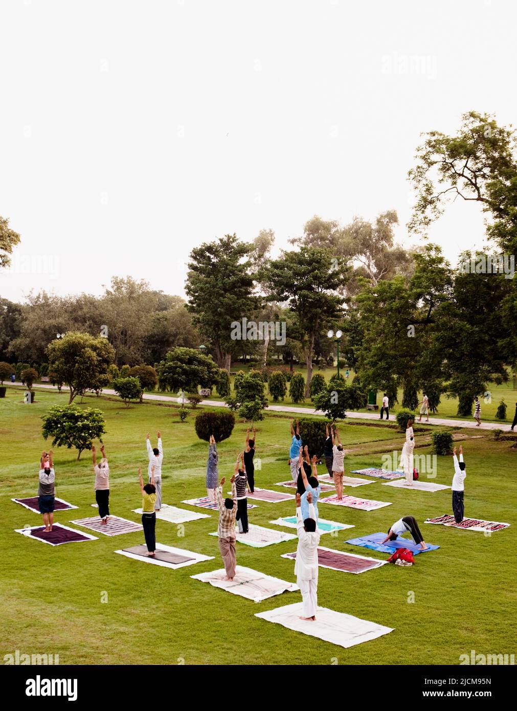 Un gruppo di indiani praticano le asane di yoga al mattino presto nei Giardini di Lodi, Nuova Delhi, India. Foto Stock