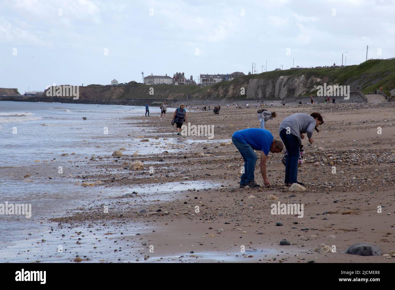 Persone in cerca di vetro marino a Seaham Beach Country Durham, Inghilterra Regno Unito Foto Stock