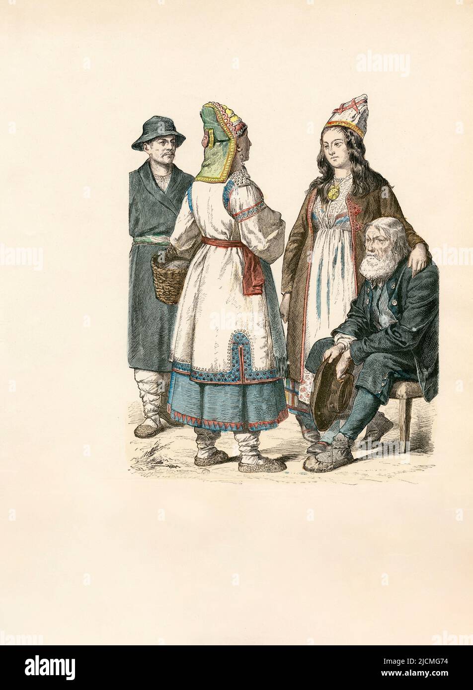 Abito folk russo, Mordvin (Volga Finn), donna Cheremiss (Mari), estoni, fine 19th secolo, Illustrazione, la storia del costume, Braun & Schneider, Monaco, Germania, 1861-1880 Foto Stock
