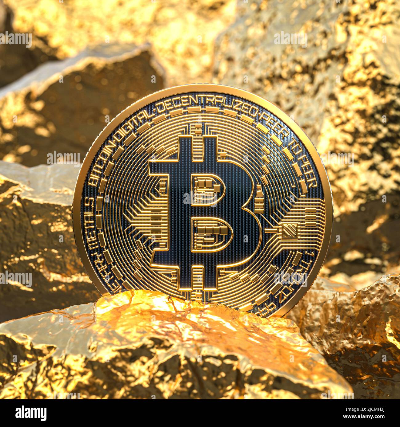moneta di bitcoin tra pepite d'oro. 3d rendering Foto Stock