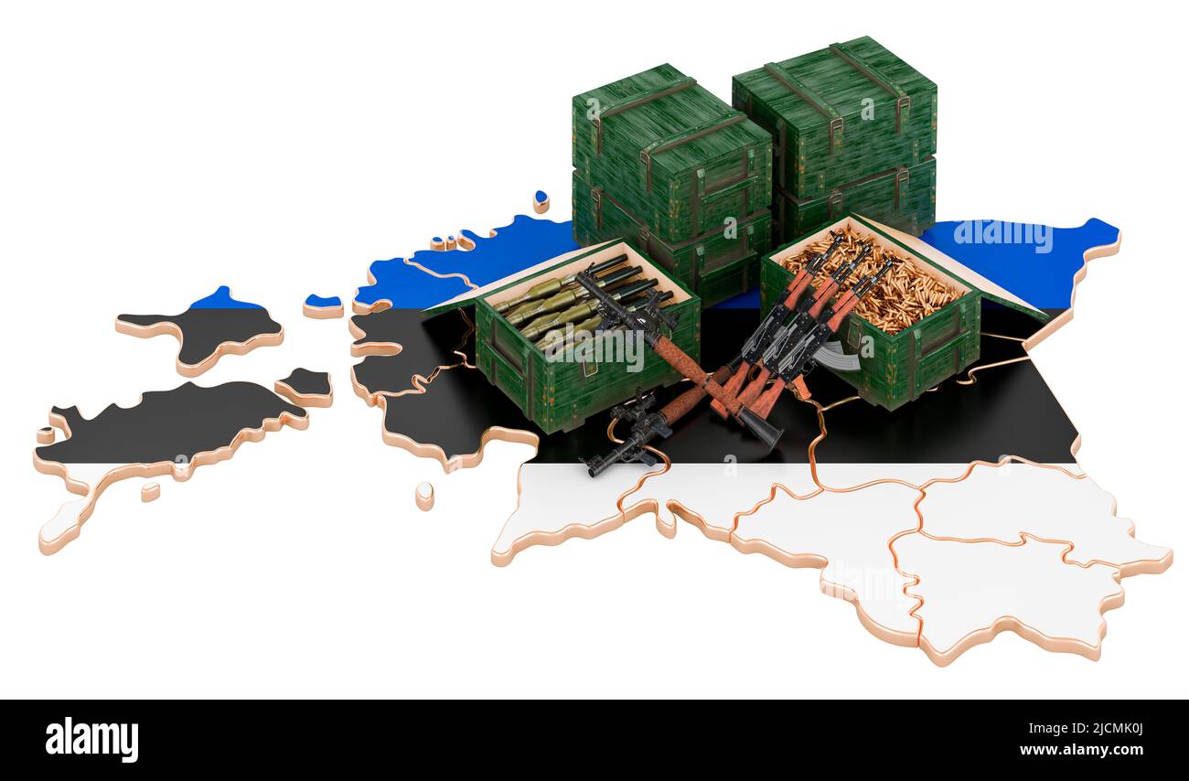 Mappa estone con armi. Forniture militari in Estonia, concetto. 3D rendering isolato su sfondo bianco Foto Stock