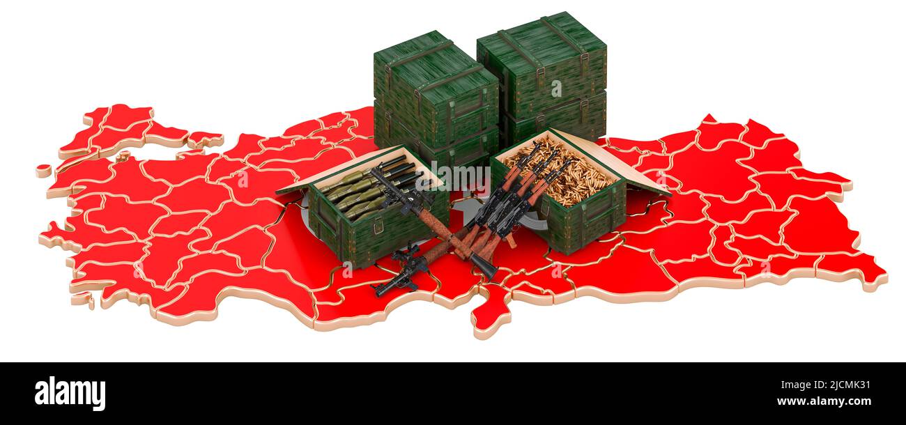 Mappa turca con armi. Forniture militari in Turchia, concetto. 3D rendering isolato su sfondo bianco Foto Stock