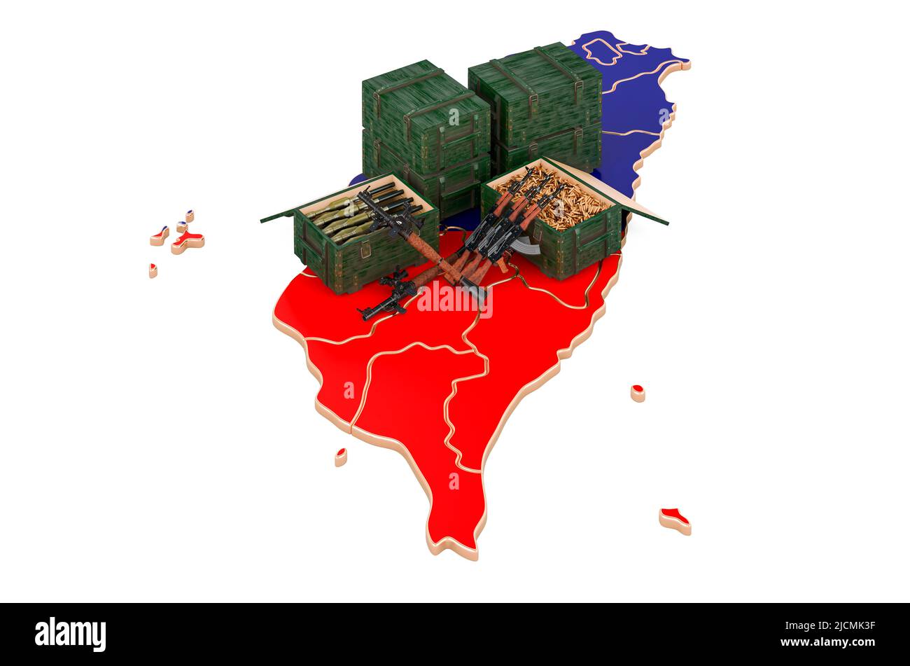 Mappa taiwanese con armi. Forniture militari a Taiwan, concetto. 3D rendering isolato su sfondo bianco Foto Stock