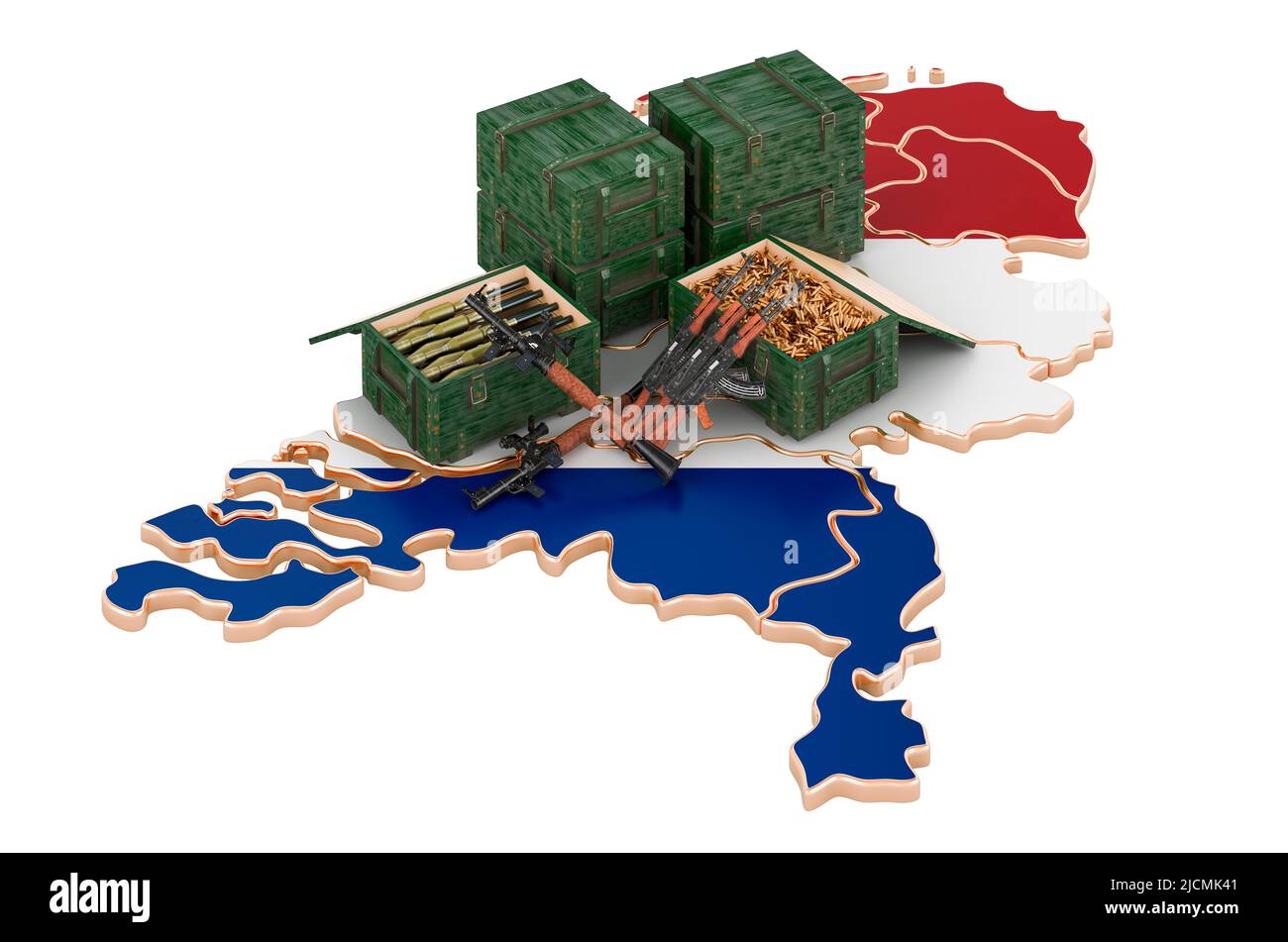 I Paesi Bassi mappano con le armi. Forniture militari nei Paesi Bassi, concetto. 3D rendering isolato su sfondo bianco Foto Stock