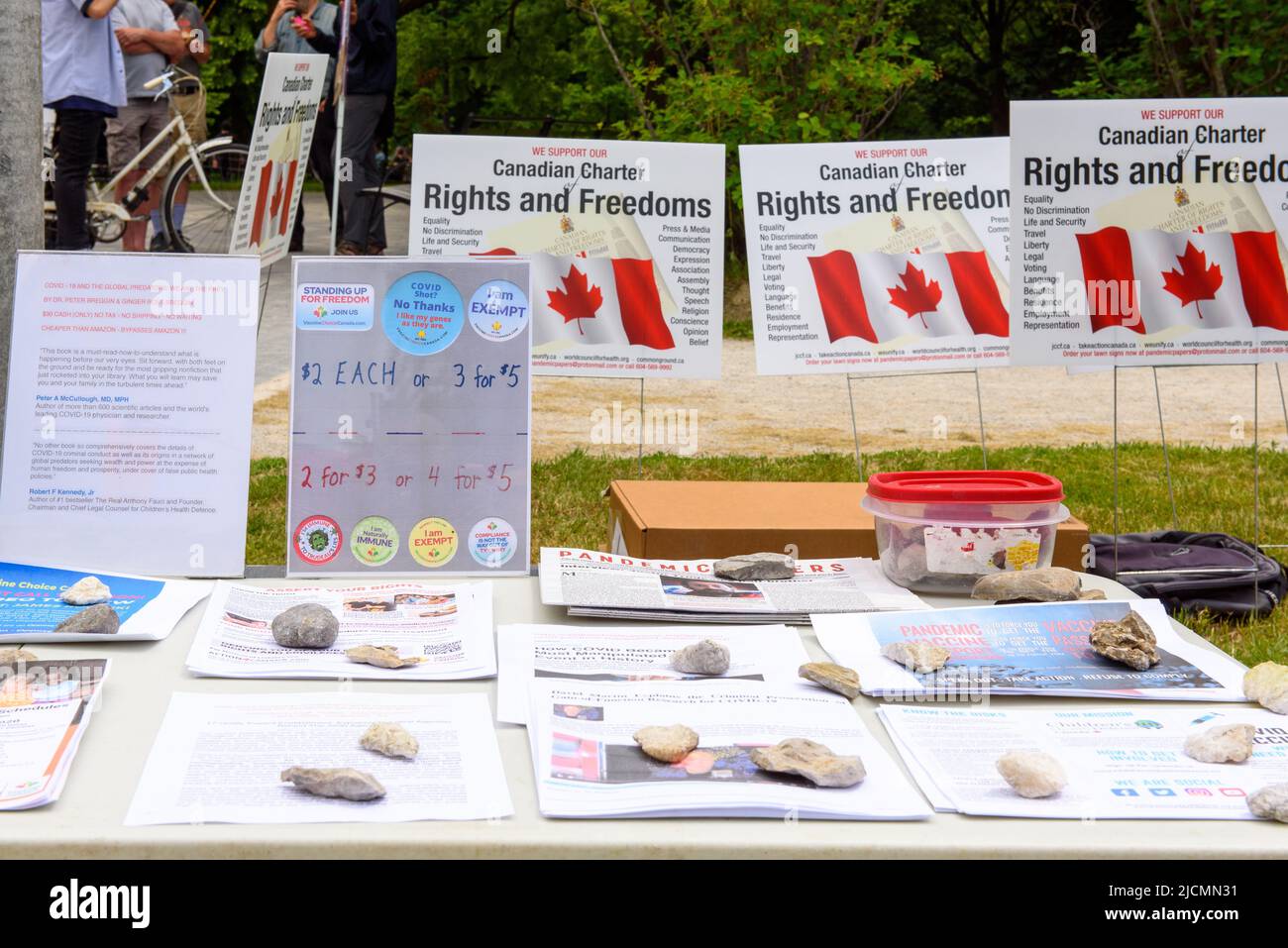 Informazioni che promuovono la lotta contro la vaccinazione e la libertà in Canada. Essi sono visti su un tavolo durante il Festival della Parola sulla strada. Foto Stock