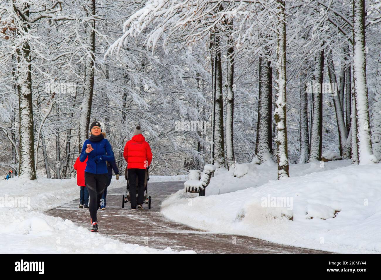 Minsk, Bielorussia - 10 dicembre 2017: Una donna fa sport in un parco cittadino in inverno. Correre in un parco innevato Foto Stock