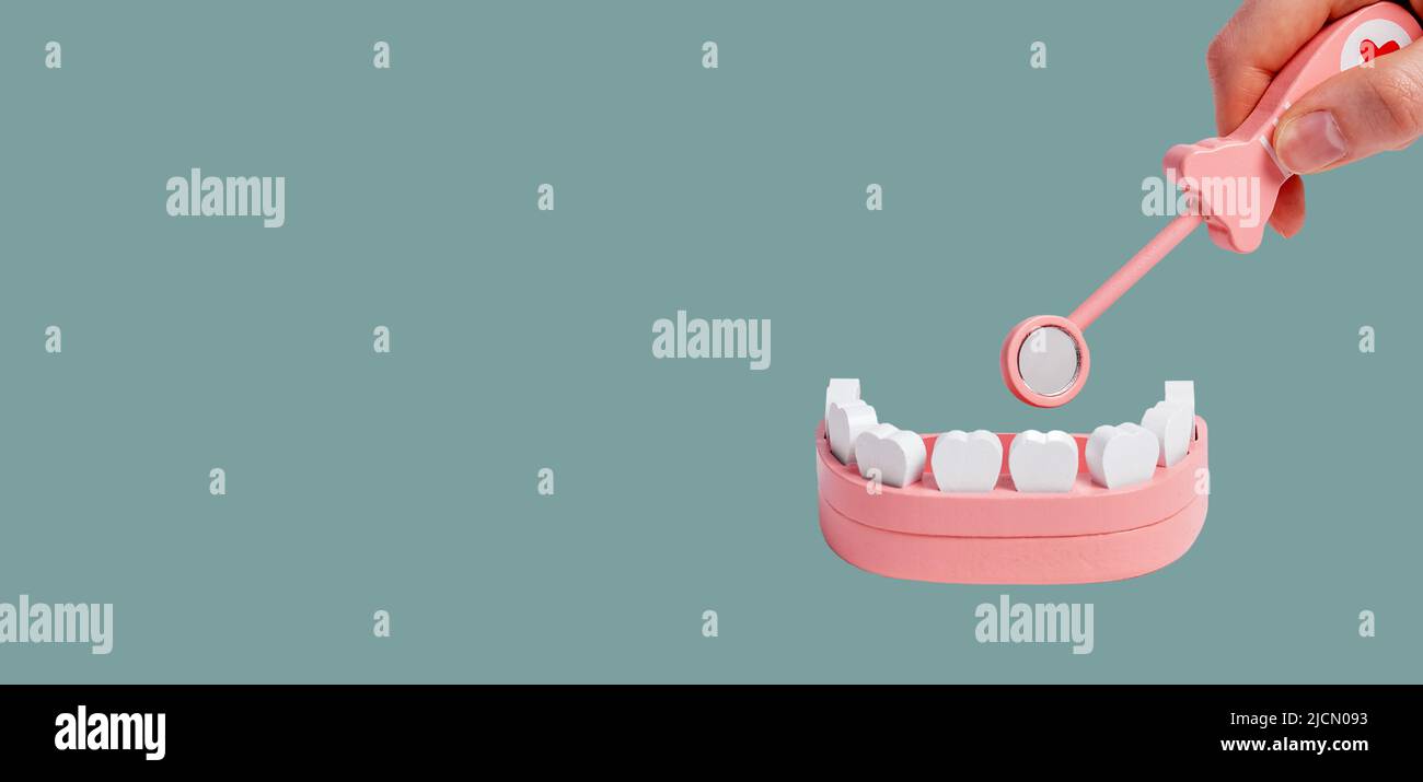 Banner pubblicitario con spazio per la copia della clinica di stomatologia odontoiatrica con mascella giocattolo e controllo denti. Foto Stock