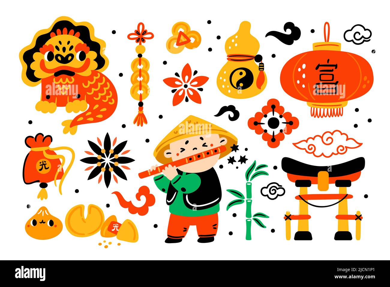 Cartoon Cina. Attrazioni di viaggio. Simboli e punti di riferimento asiatici. Elementi di Shanghai carino. Talismani di prosperità. Costume tradizionale cinese. Orientale Illustrazione Vettoriale