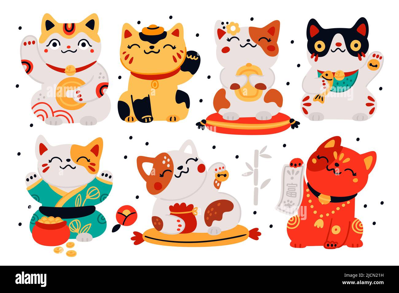 Gatti giapponese maneki neko. Simboli asiatici di buona fortuna. Carino  personaggi kitty. Figurine folcloristiche. Fortuna e talismani di  ricchezza. Giocattoli divertenti. Tradizionale Immagine e Vettoriale - Alamy