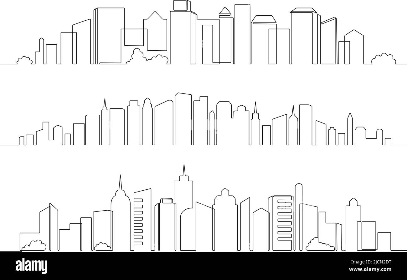 Edifici cittadini a una linea. Skyline di architettura del centro, grattacieli panoramici paesaggio urbano e linea continua urbano città vettore illustrazione set Illustrazione Vettoriale