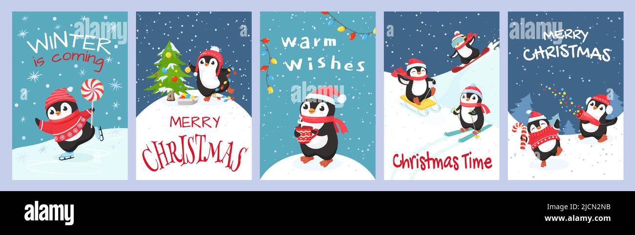 Biglietto di auguri per il pinguino di Natale. L'inverno sta venendo, i desideri caldi e le carte allegre di natale con il gioco dei pinguini cartoon vettore set Illustrazione Vettoriale