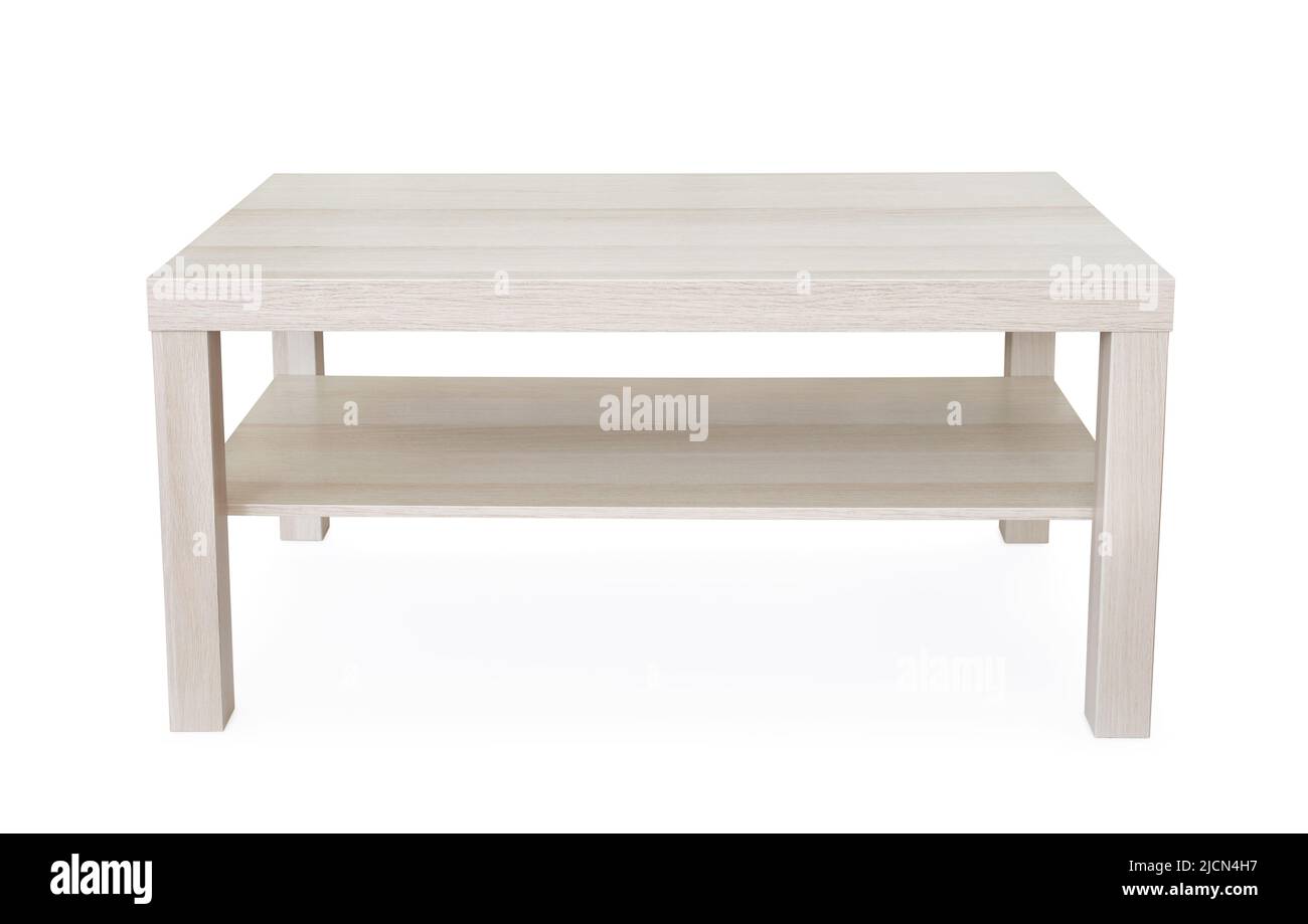 Vista frontale di un tavolino rettangolare di legno di quercia bianca isolato su bianco Foto Stock