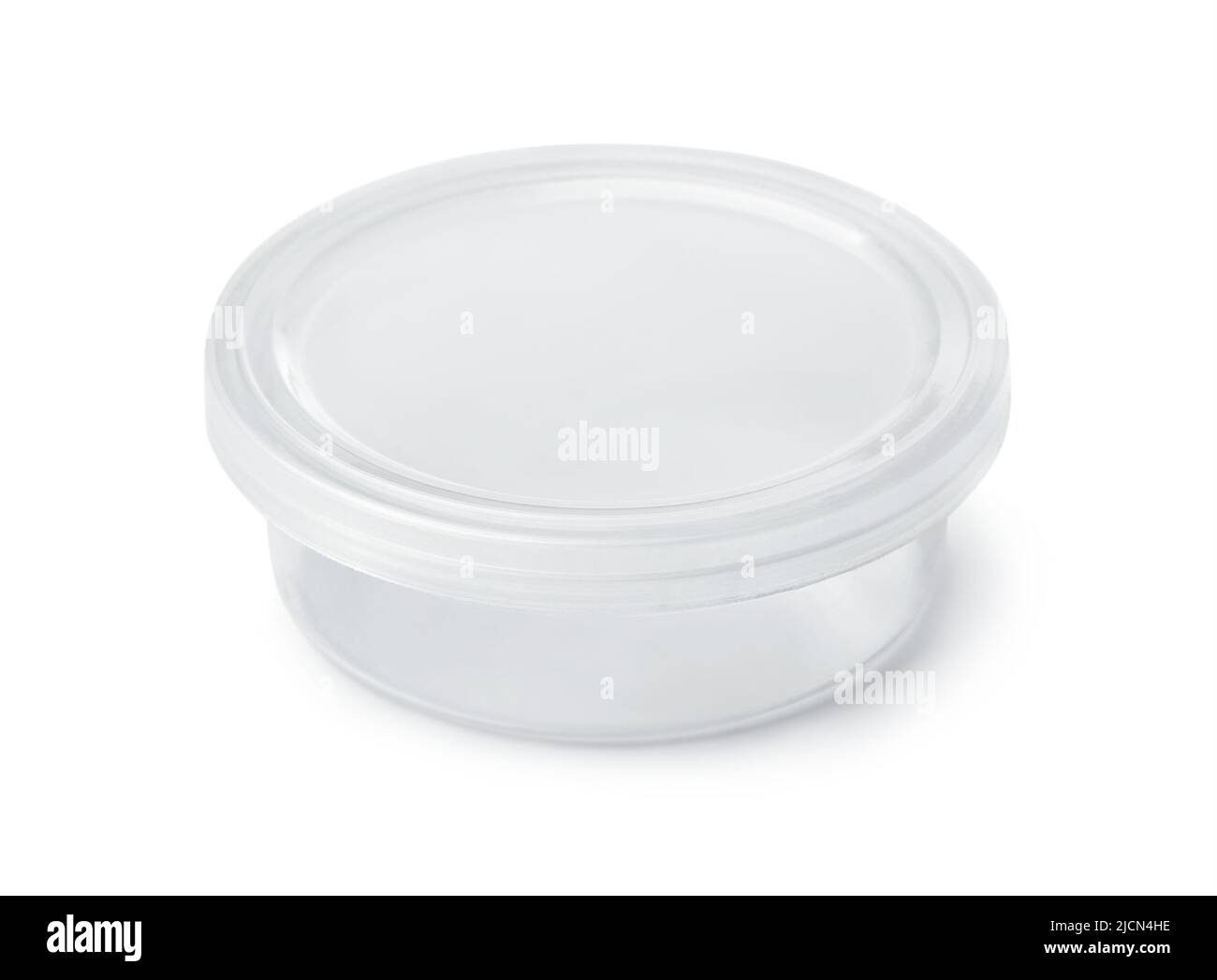 Contenitore rotondo trasparente in plastica isolato su bianco Foto Stock