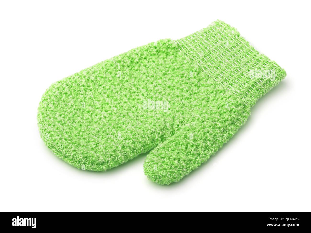 Verde esfoliante corpo macchia mitt isolato su bianco Foto Stock