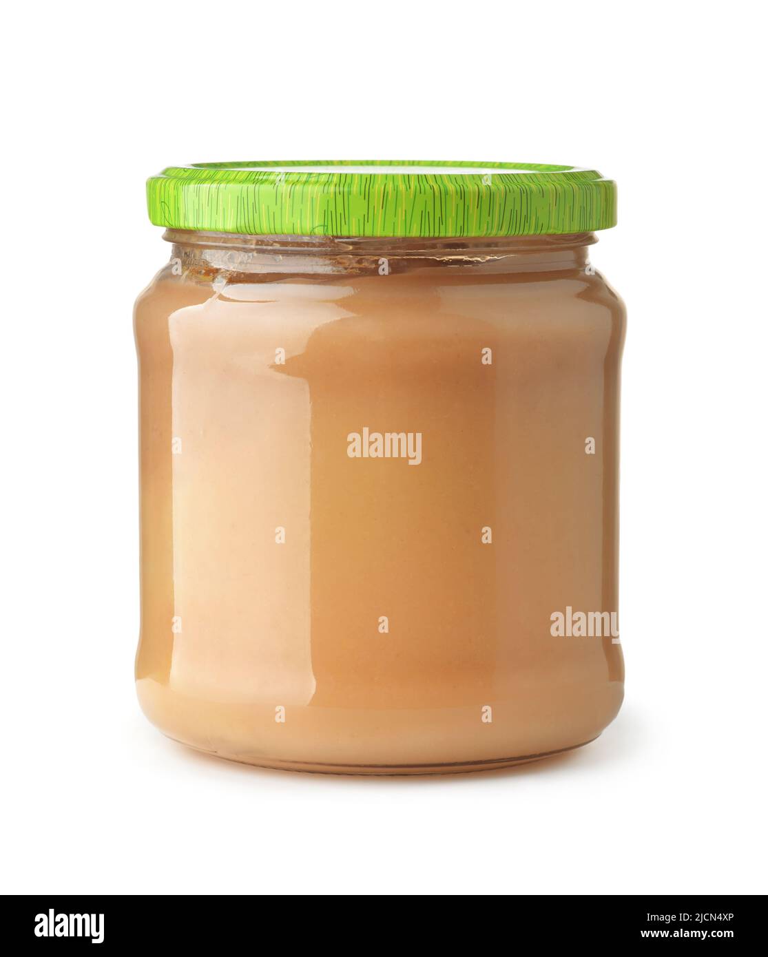 Vista frontale del vaso in vetro purea di mele non etichettato isolato su bianco Foto Stock