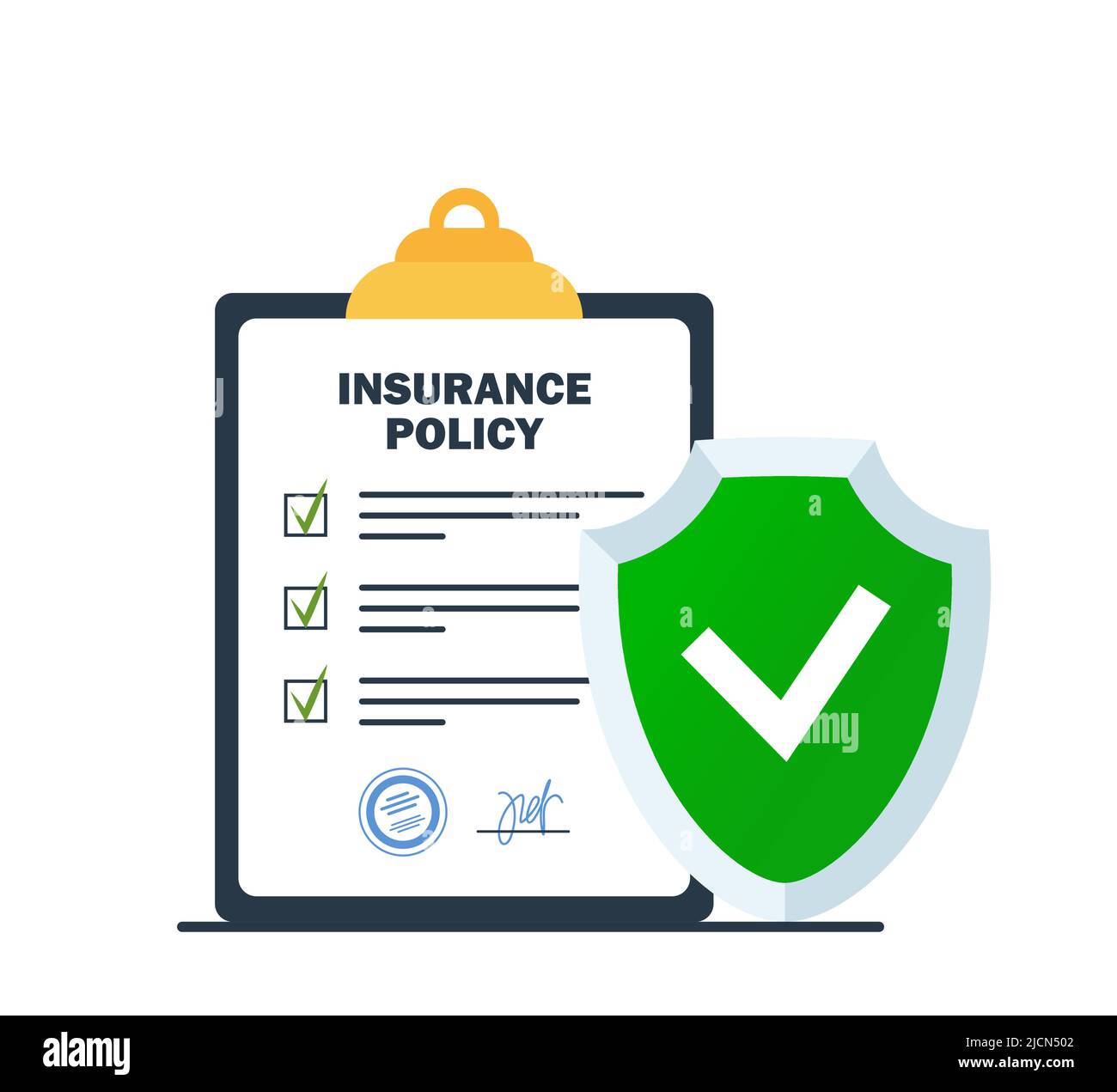 Polizza assicurativa sulla clipboard e cartello di protezione Green Shield. Documento del contratto di contratto aziendale. Check list con firma a bordo. Rischio di lesioni l Illustrazione Vettoriale