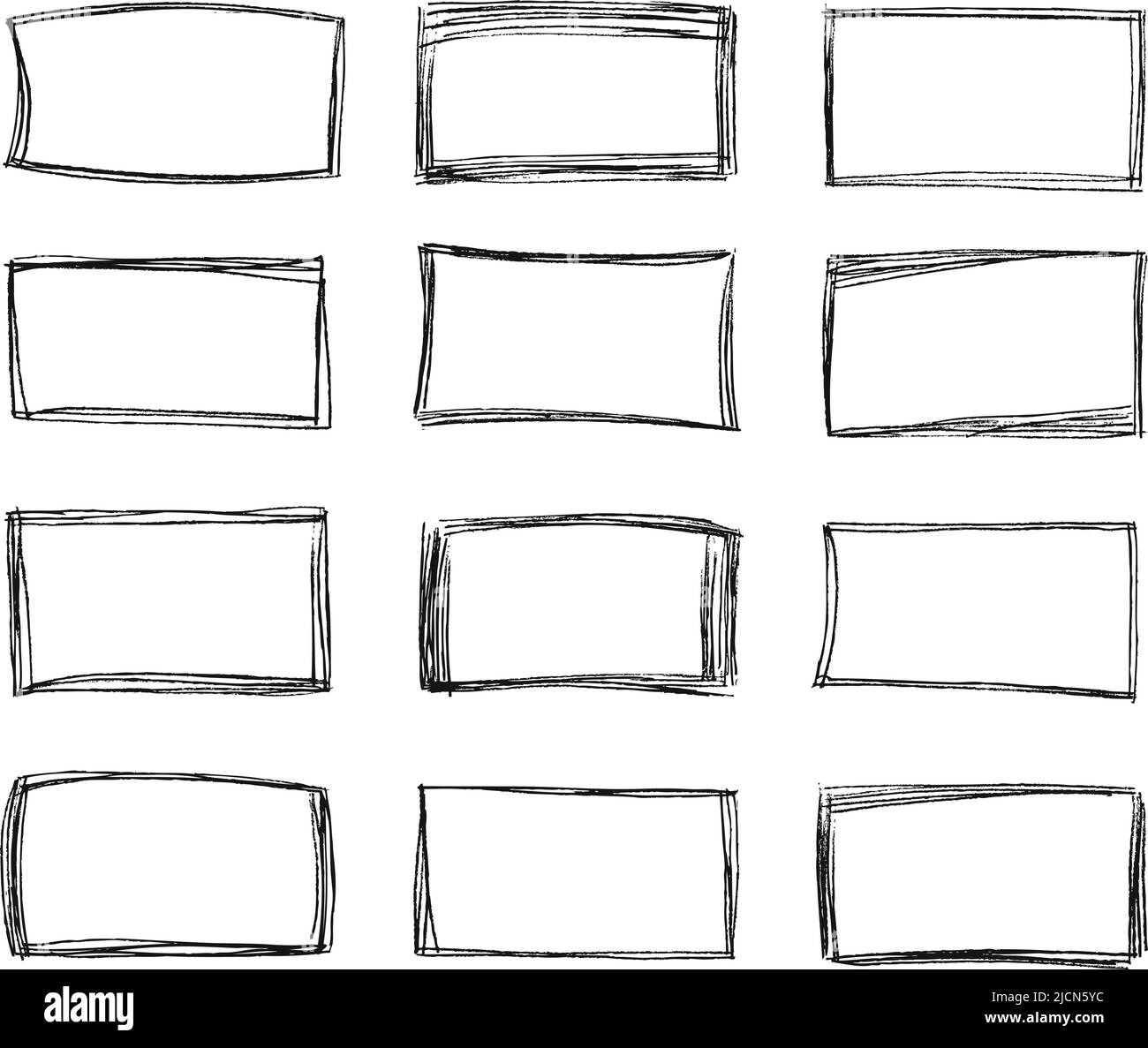 Disegnare i quadri quadrati. Bordo del doodle di forma rettangolare disegnato a mano, quadretti di scorrimento della linea a matita e insieme vettoriale del frame di selezione disegnato a mano Illustrazione Vettoriale