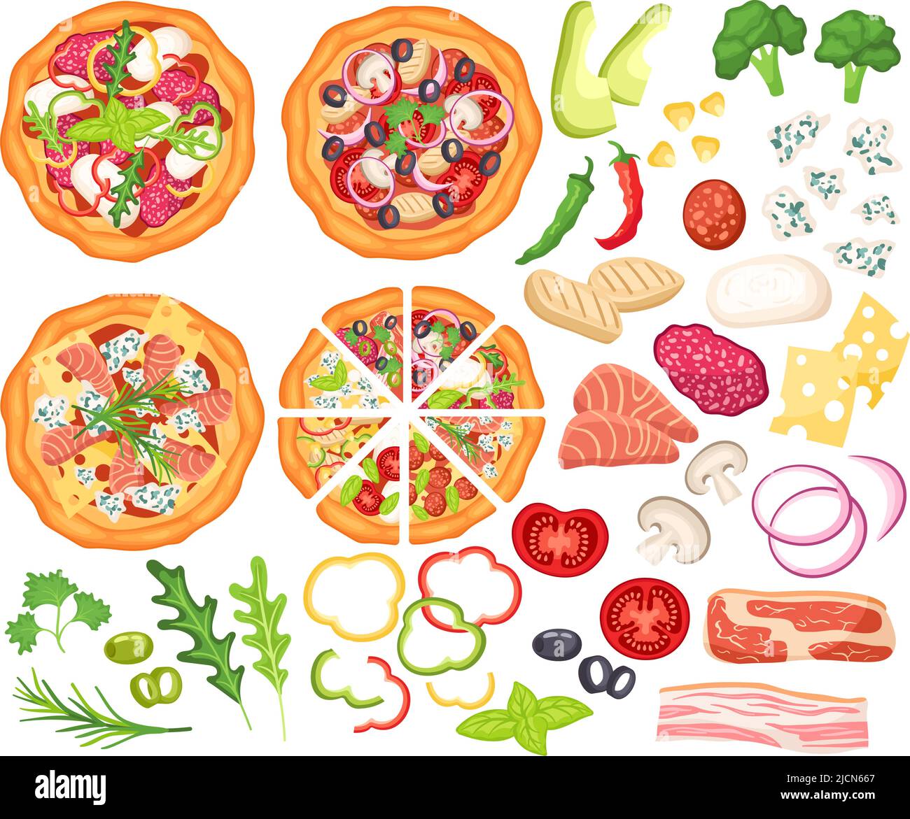 Pizzeria. Ingredienti per la cottura, verdure a fette e top view pizze cartoon set vettoriale Illustrazione Vettoriale