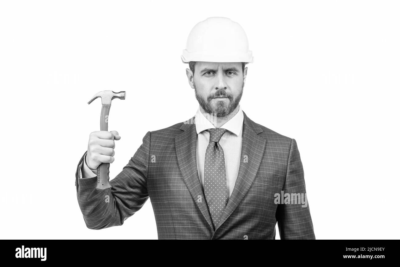 imprenditore in casco protettivo. ingegnere capo architetto. ingegnere professionale in hardhat. Foto Stock