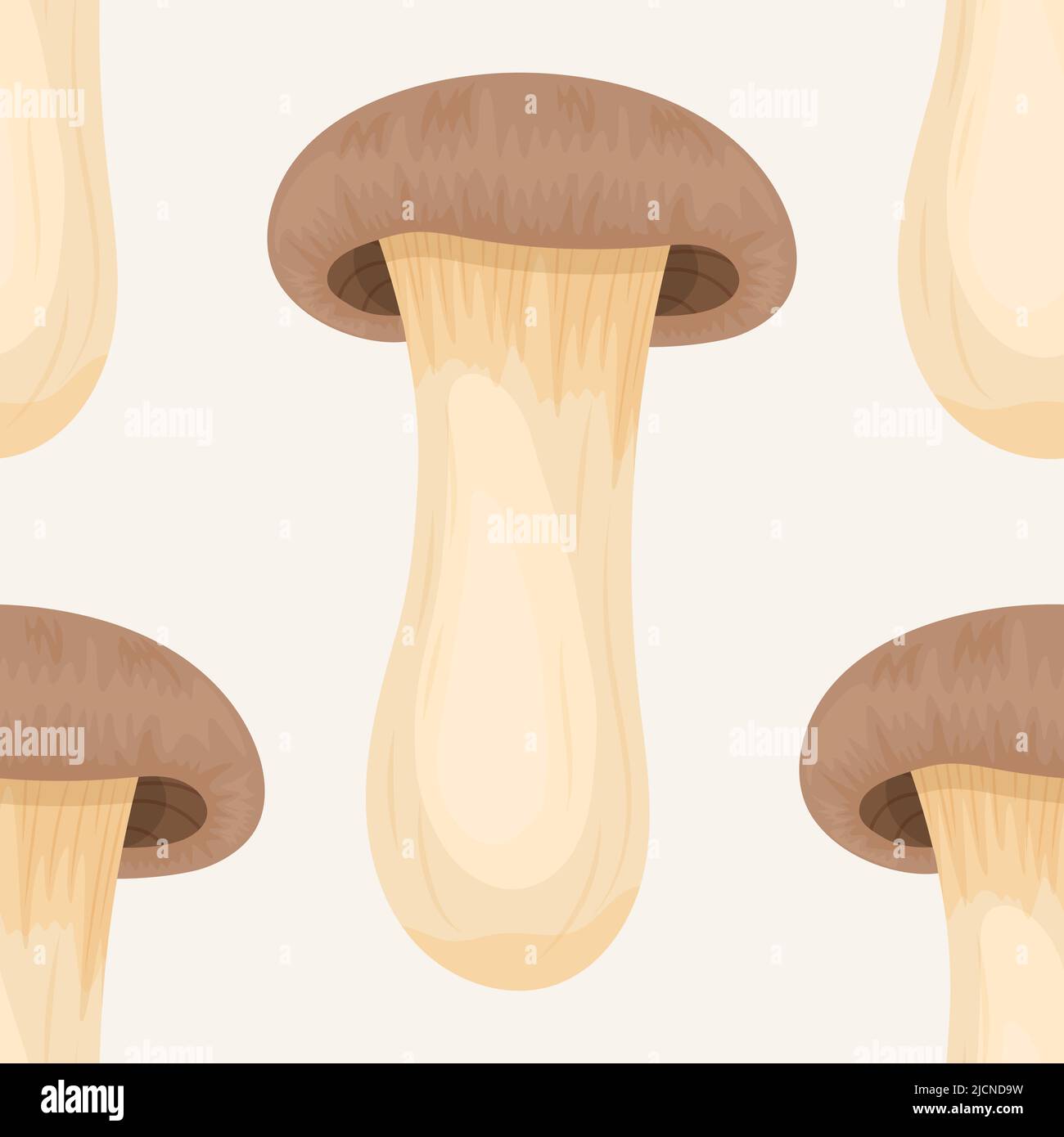 Vector Seamless Pattern con King Trumpet Oyster Mushroom on White. Texture senza giunture, cartoon King Trumpet Oyster mushrooms disegnati a mano. Design Illustrazione Vettoriale