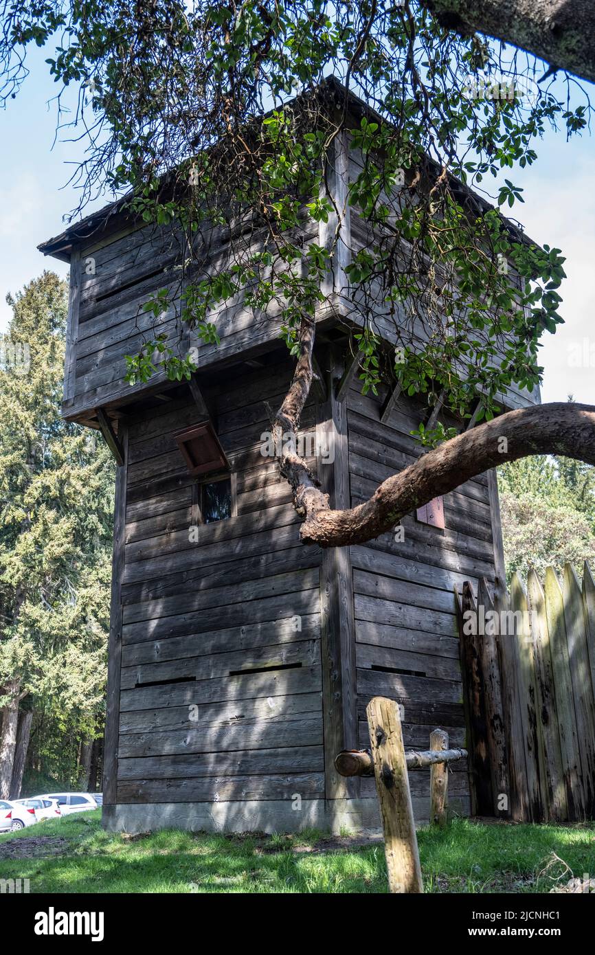Fuori dal Fort Nisqually Living History Museum di Tacoma, Washington Foto Stock