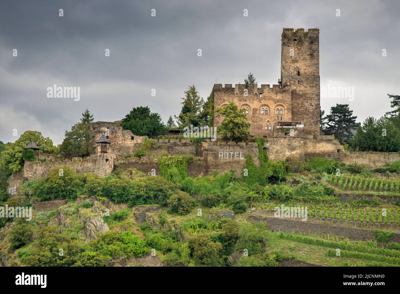 Castello Burg Gutenfels Kaub fiume Reno valle UNESCO patrimonio mondiale medio Reno valle vino vigneti vista spettacolare vacanze turisti mondo del turismo Foto Stock