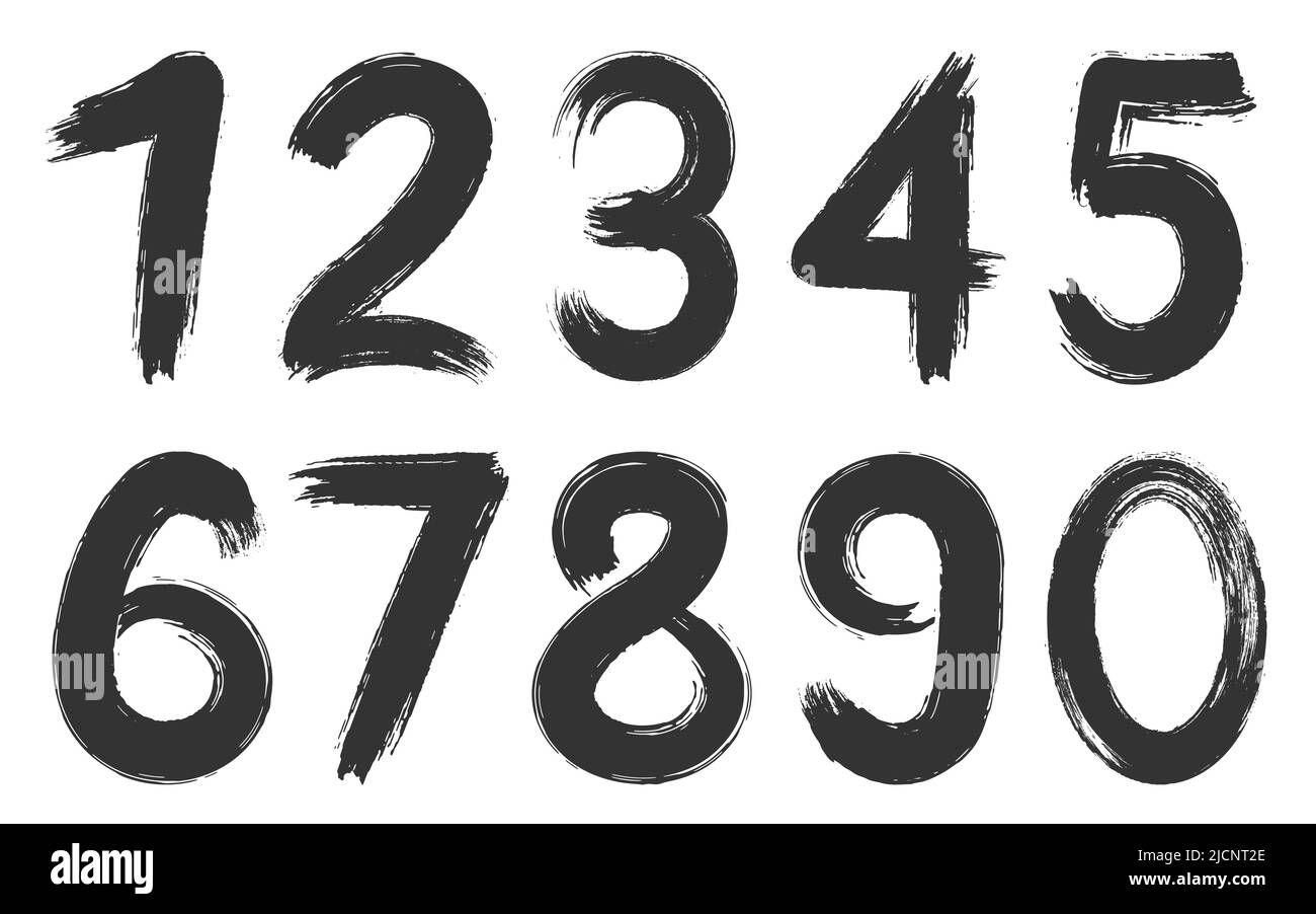 Set di silhouette nera con numero di inchiostro scritto a mano. Moderno caligrafico strofinato sporco macchia tipografia hipster vernice a secco tipografia numero album adesivo gesso texture graffiti istruzione isolato Illustrazione Vettoriale