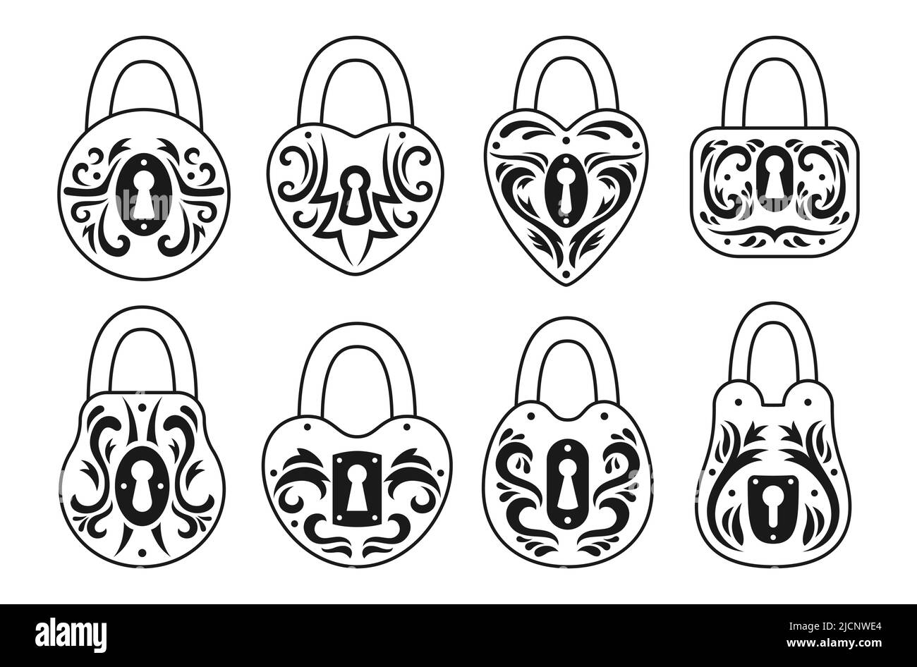 Blocca il set di icone vintage di varie forme. Vecchio lucchetto per la protezione di sicurezza elemento di design. Blocchi con simboli di accesso privato per logo, giochi, icone dell'interfaccia utente Web o app che bloccano la privacy o il vettore di crittografia Illustrazione Vettoriale