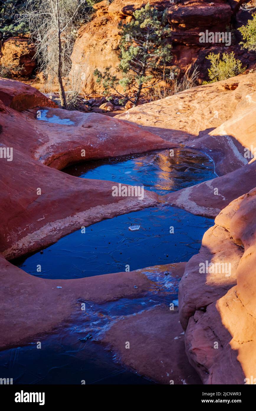 Le formazioni rocciose si riflettono sulla piscina ghiacciata delle sette piscine sacre lungo il sentiero del Soldier Pass a Sedona, Arizona. Foto Stock