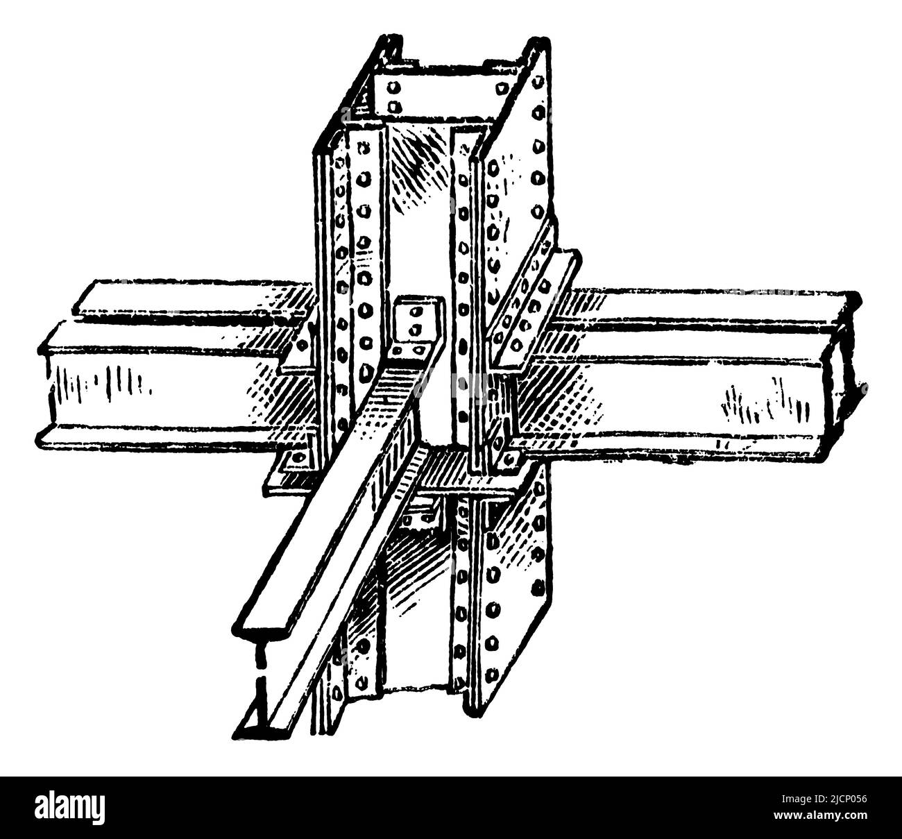 Giunto a piastra orizzontale. Collegamento di strutture metalliche. Pubblicazione del libro 'Meyers Konversations-Lexikon', Volume 2, Lipsia, Germania, 1910 Foto Stock