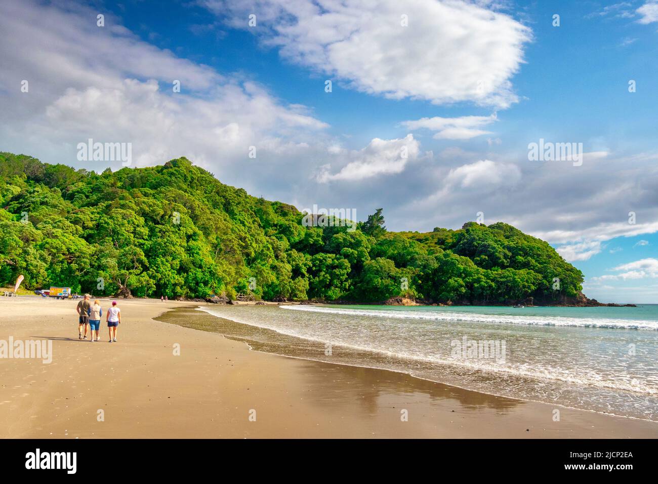 22 dicembre 2018: Waihi Beach, Bay of Plenty, Nuova Zelanda - Famiglia a piedi sulla spiaggia con una vista di Rapipatiotio Point. Foto Stock