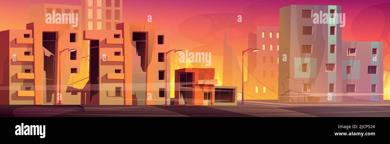 Distrutta strada della città con case rotte, fuoco e fumo. Illustrazione vettoriale di cartoni animati di edifici abbandonati demoliti sulla strada della città dopo la guerra, esplosione nucleare, apocalisse Illustrazione Vettoriale