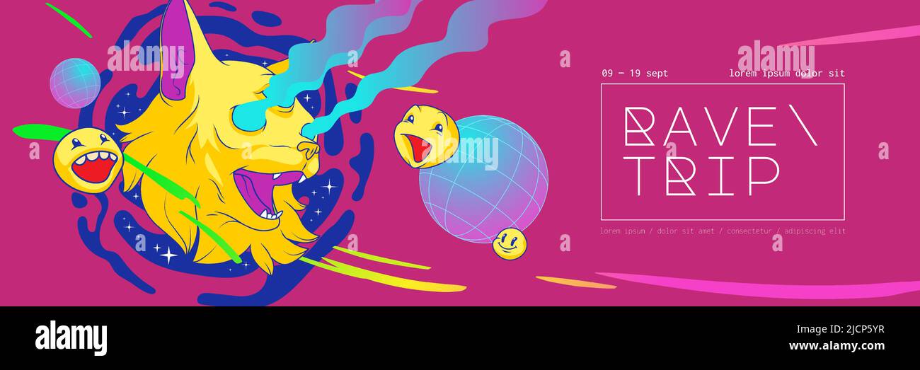 Poster del viaggio rave con adesivi psichedelici su sfondo rosa. Poster orizzontale vettoriale con illustrazioni acide di gatto con tre occhi ed emoticon Illustrazione Vettoriale