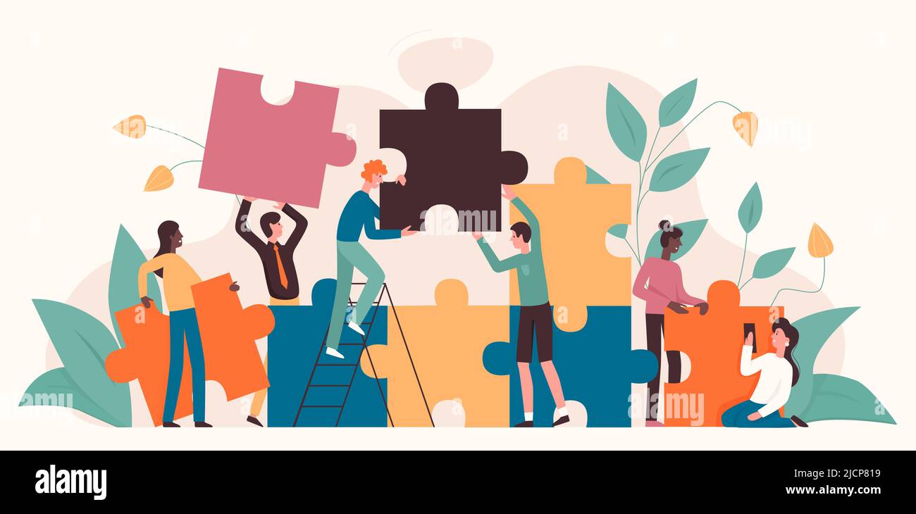 Comunità di uomini d'affari che costruisce lavoro di squadra e cooperazione. Cartoon corporate minuscoli personaggi collegare e abbinare le parti del puzzle insieme, rendere l'illustrazione flat vettore di successo. Concetto di sfida Illustrazione Vettoriale
