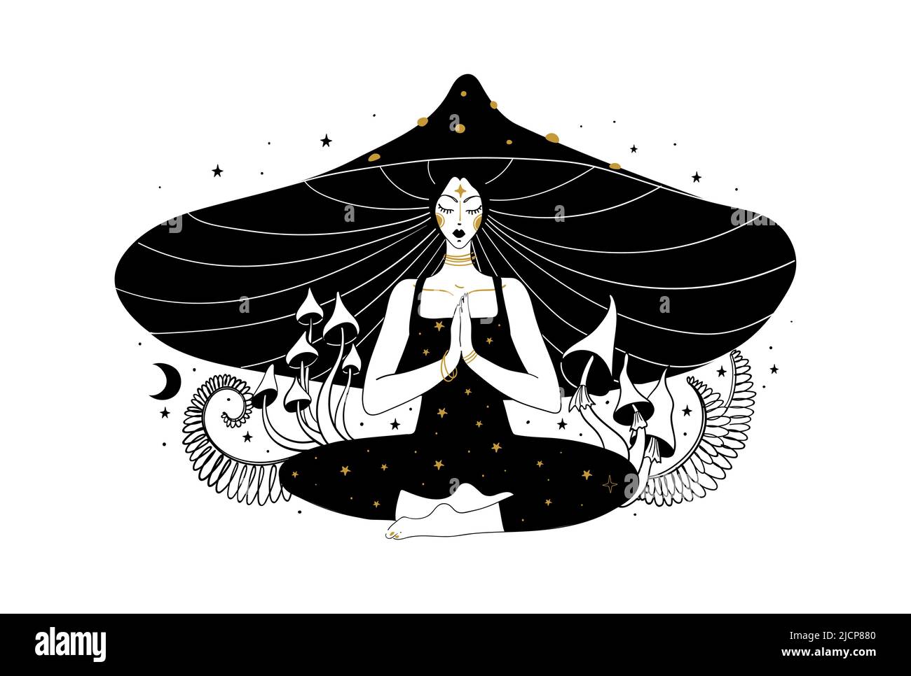 Ragazza di fungo meditating, concetto di microdosaggio, viaggio di droga, microdosaggio con l'agarics del mosca. Donna in cappello di funghi in posizione lotus, relax e balsa Illustrazione Vettoriale