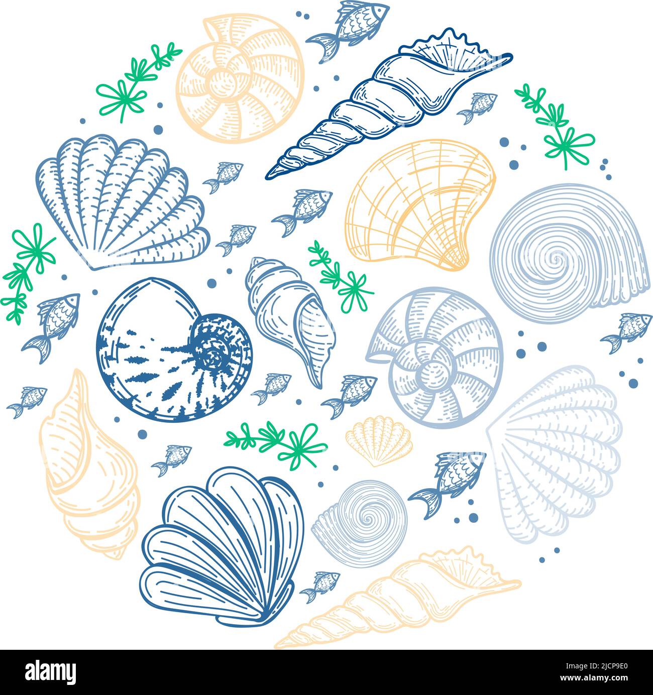 Set di creature marine in cerchio, disegnate a mano in stile schizzo. Cornice circolare di conchiglie, alghe e piccoli pesci. Tavolozza pastello. Biglietto di auguri estivo Illustrazione Vettoriale