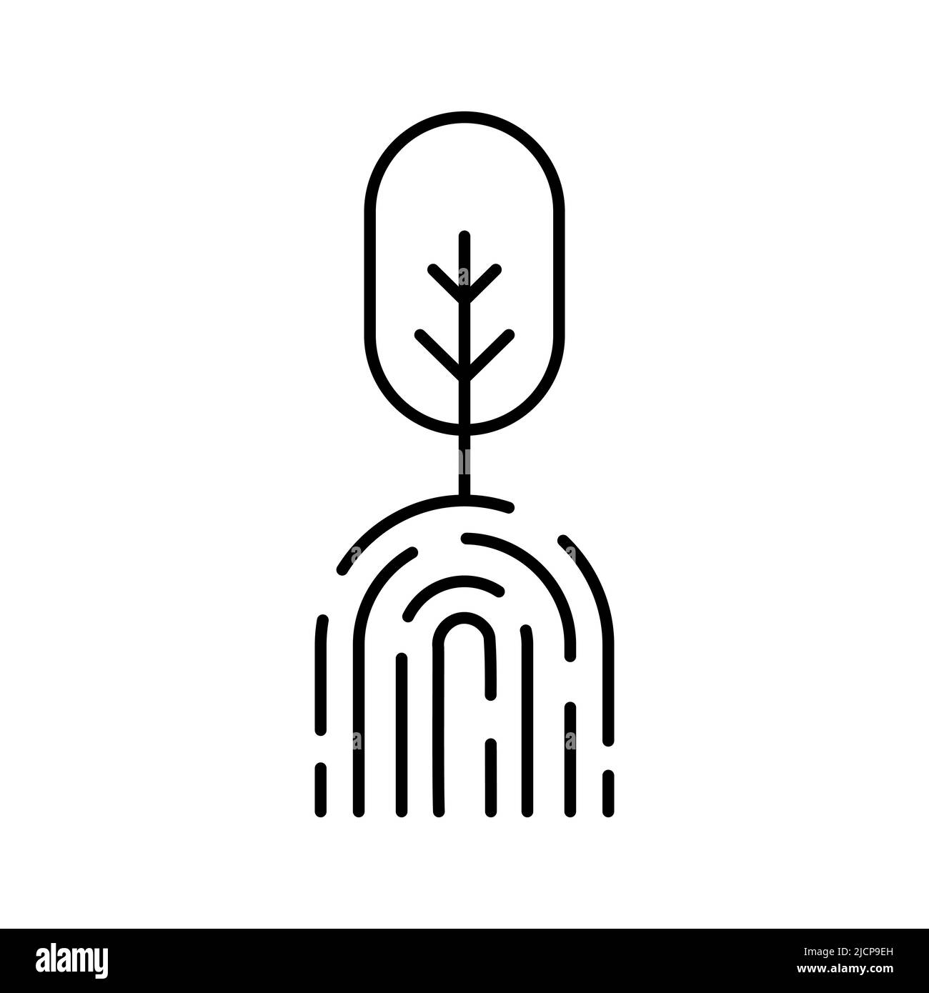 Albero con icona della linea di radici delle impronte digitali. Concetto di impronta di carbonio. Zero emissioni. Neutro di carbonio. Idea di offset del carbonio. Rimboschimento. Vettore ambiente. Illustrazione Vettoriale