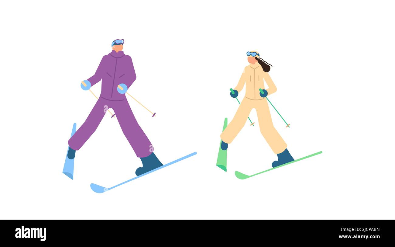 Gli sciatori di cartoni animati nella scuola di sci isolato su sfondo bianco. Personaggio sportivo con occhiali e tuta da sci. Illustrazione Flat Art. Foto Stock