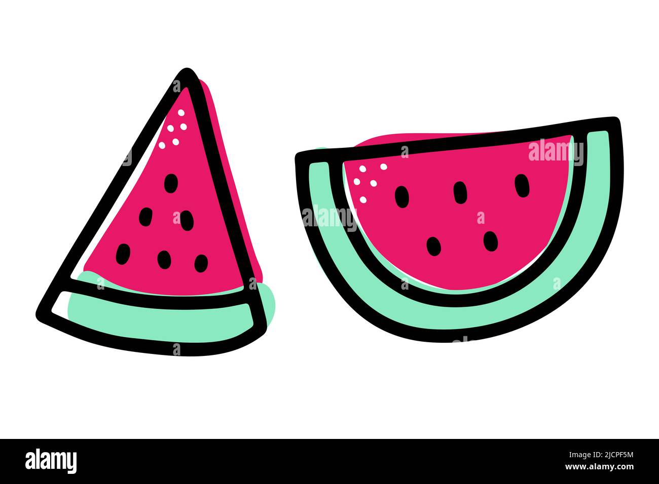 Fetta di cocomero isolata su sfondo bianco. Dodle frutta fresca kawaii. Vivace estate vivace cibo succosa. Immagine Sweet Treat disegnata a mano. Rosso carino, p. Illustrazione Vettoriale