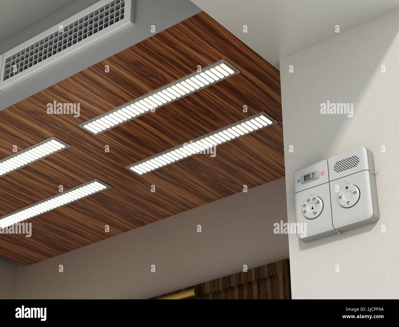 Pannello di regolazione dell'aria condizionata nelle camere dell'hotel. 3D illustrazione. Foto Stock
