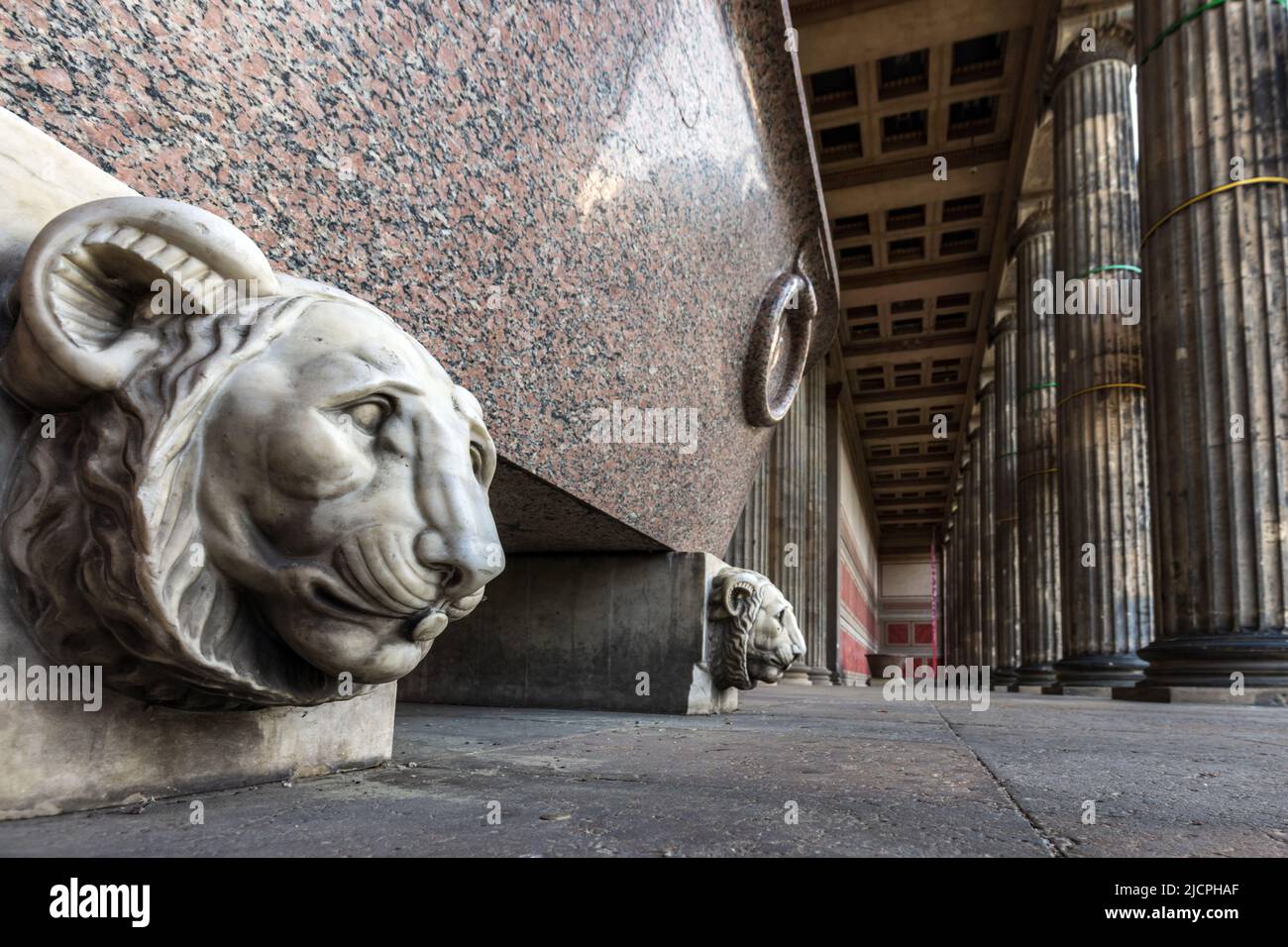 Vista al piano terra delle sculture di leoni all'esterno dell'ingresso del Museo Altes di Berlino. Foto Stock