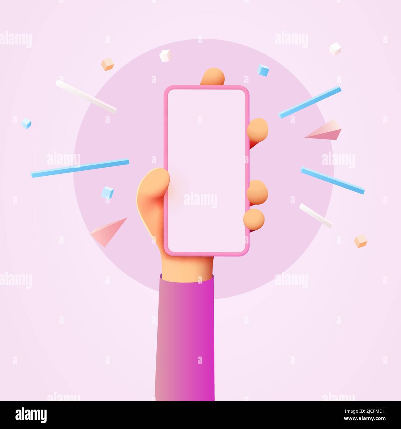 Carino cartoon mano che tiene smartphone cellulare. Mockup moderno. Illustrazione vettoriale Illustrazione Vettoriale