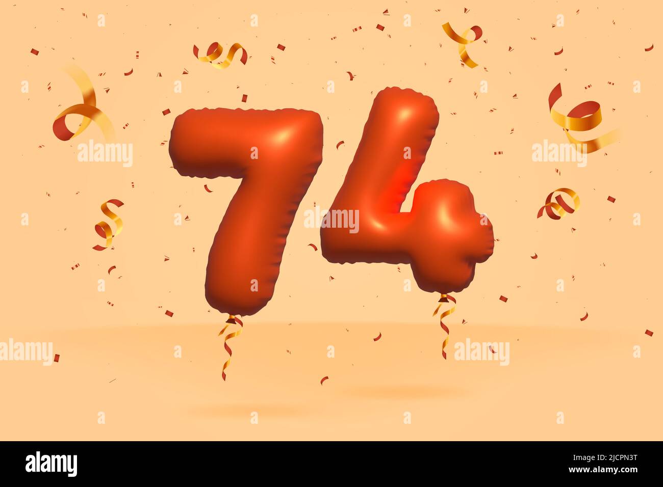 3D numero 74 Vendita di sconto promozione fatta di realistic confetti foglio 3D Orange elio palloncino vettore. Illustrazione per la vendita di poster, banner pubblicitari, Illustrazione Vettoriale