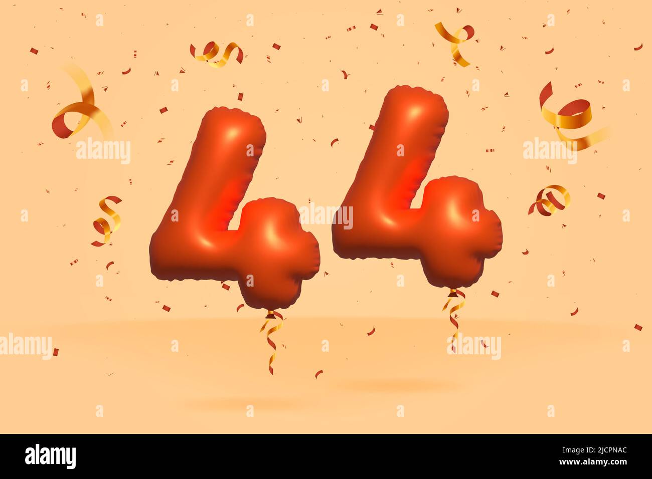 3D numero 44 Vendita di sconto promozione fatta di realistic confetti foglio 3D Orange elio palloncino vettore. Illustrazione per la vendita di poster, banner pubblicitari, Illustrazione Vettoriale