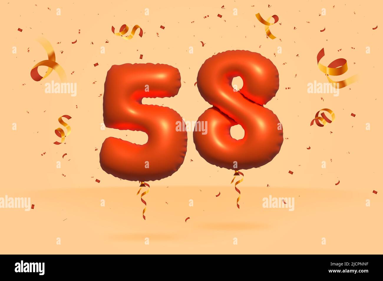 3D numero 58 Vendita di sconto promozione fatta di realistic confetti foglio 3D Orange elio palloncino vettore. Illustrazione per la vendita di poster, banner pubblicitari, Illustrazione Vettoriale