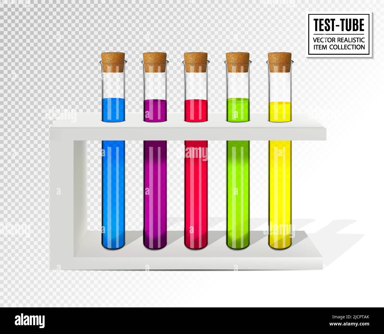 Set vettoriale di provette da laboratorio chimiche in vetro trasparente con liquido varicolorato isolato su sfondo trasparente Illustrazione Vettoriale