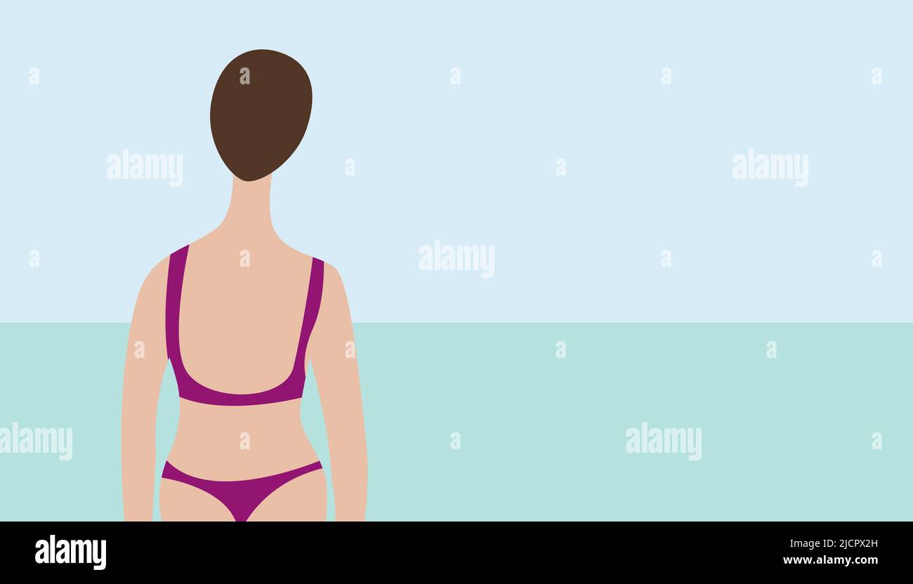 Donna in costume da bagno, bikini, vista da dietro guardando il mare. Disegno vettoriale con spazio di copia Illustrazione Vettoriale