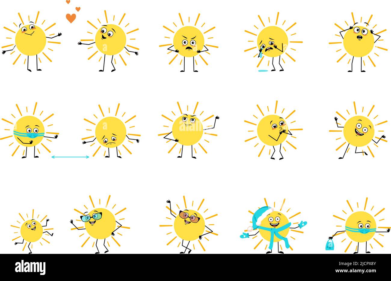 Carino personaggio sole con emozioni felici o tristi, panico, volto amorevole o coraggioso, mani e gambe. Persona con maschera, occhiali o cappello. Illustrazione piatta vettoriale Illustrazione Vettoriale