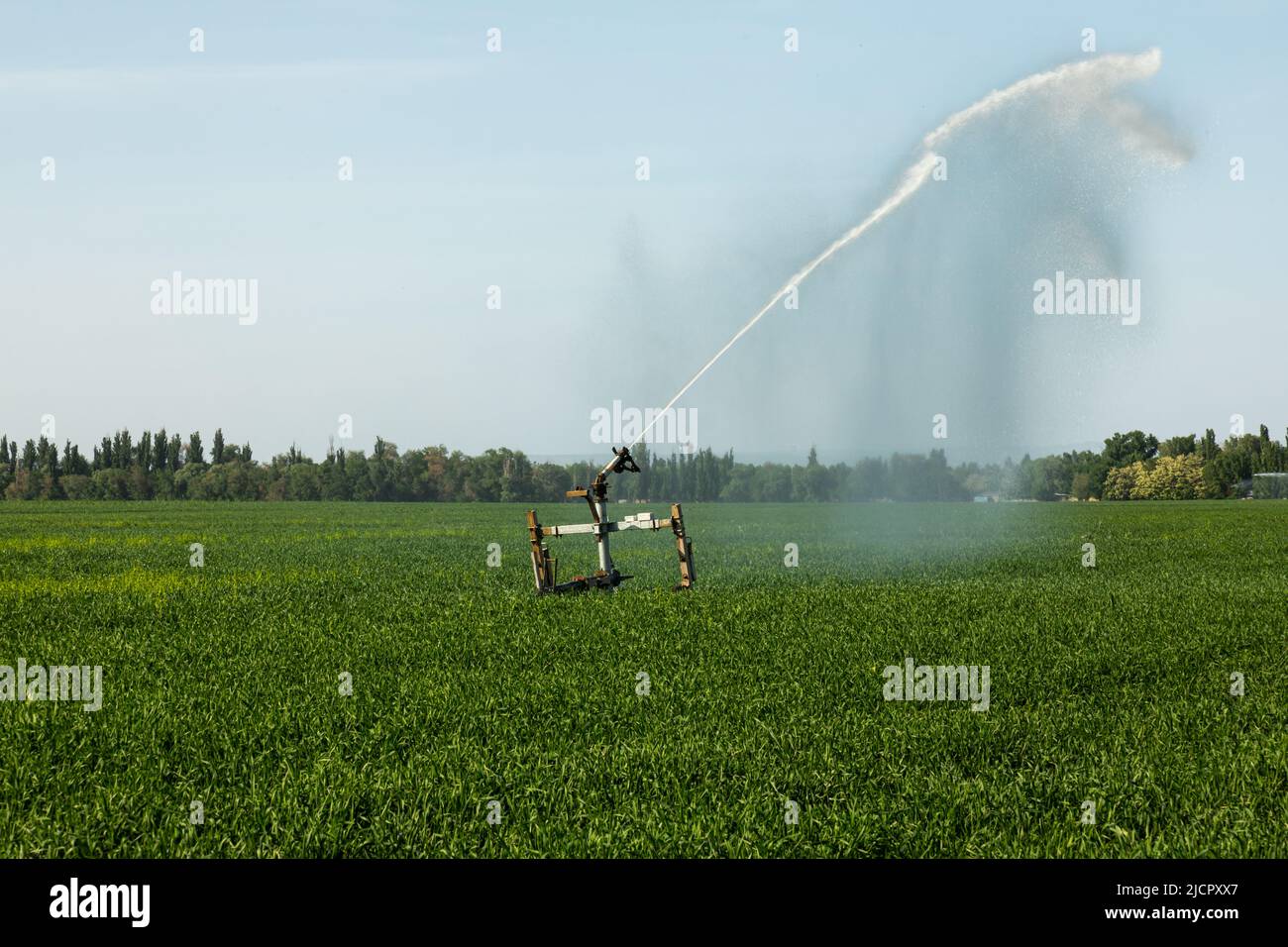 Pistole irrigatore irrigazione sistema irrigazione campo grano Foto Stock
