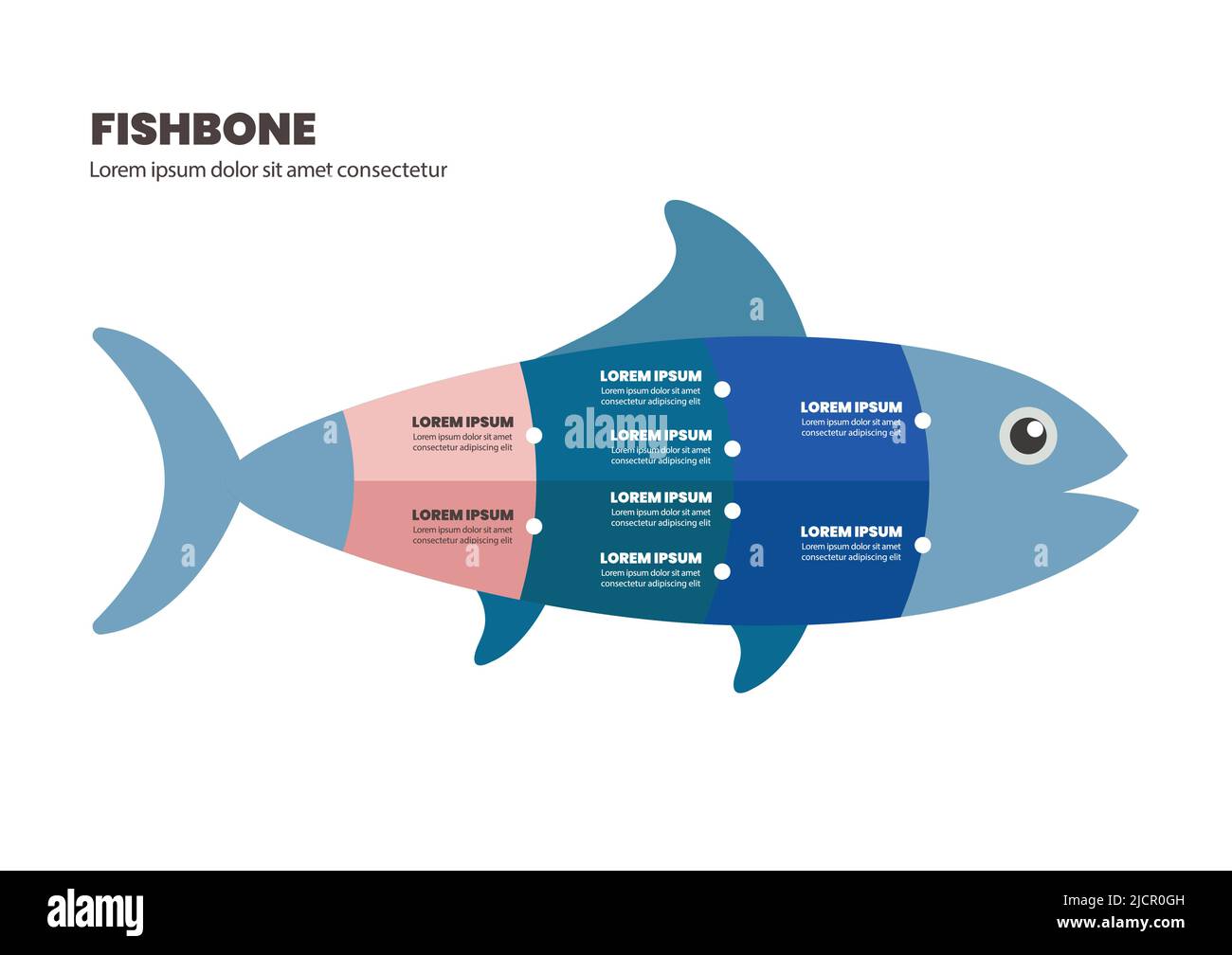 Infografica sul concetto di grafico a Fishbone. Illustrazione vettoriale del concetto di business Illustrazione Vettoriale